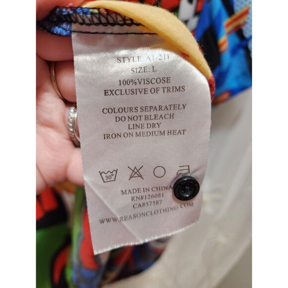 Reason Mens Large Shirt Button Up Pop Art Retro Comic Graphic Wild Colorful Geek - Picture 10 of 14